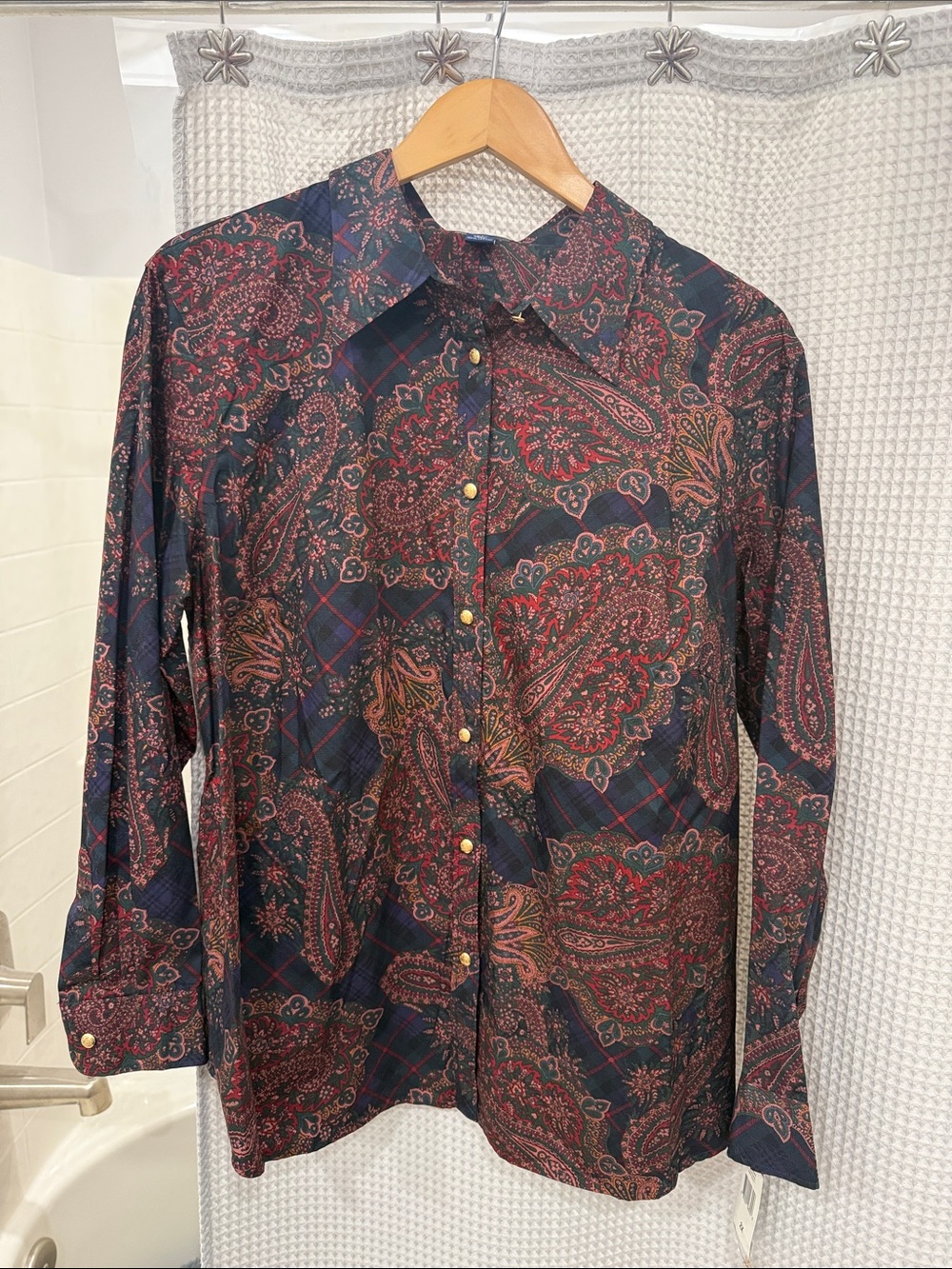 Chaps Women's Paisley Button-Up Blouse - Navy & Burgundy